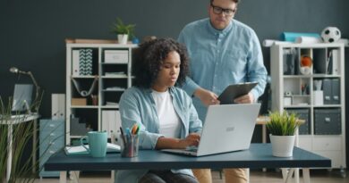 Two colleagues discussing work at a laptop