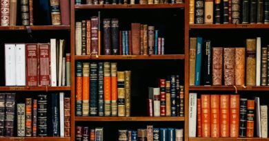 Rows of books on wooden bookshop shelves