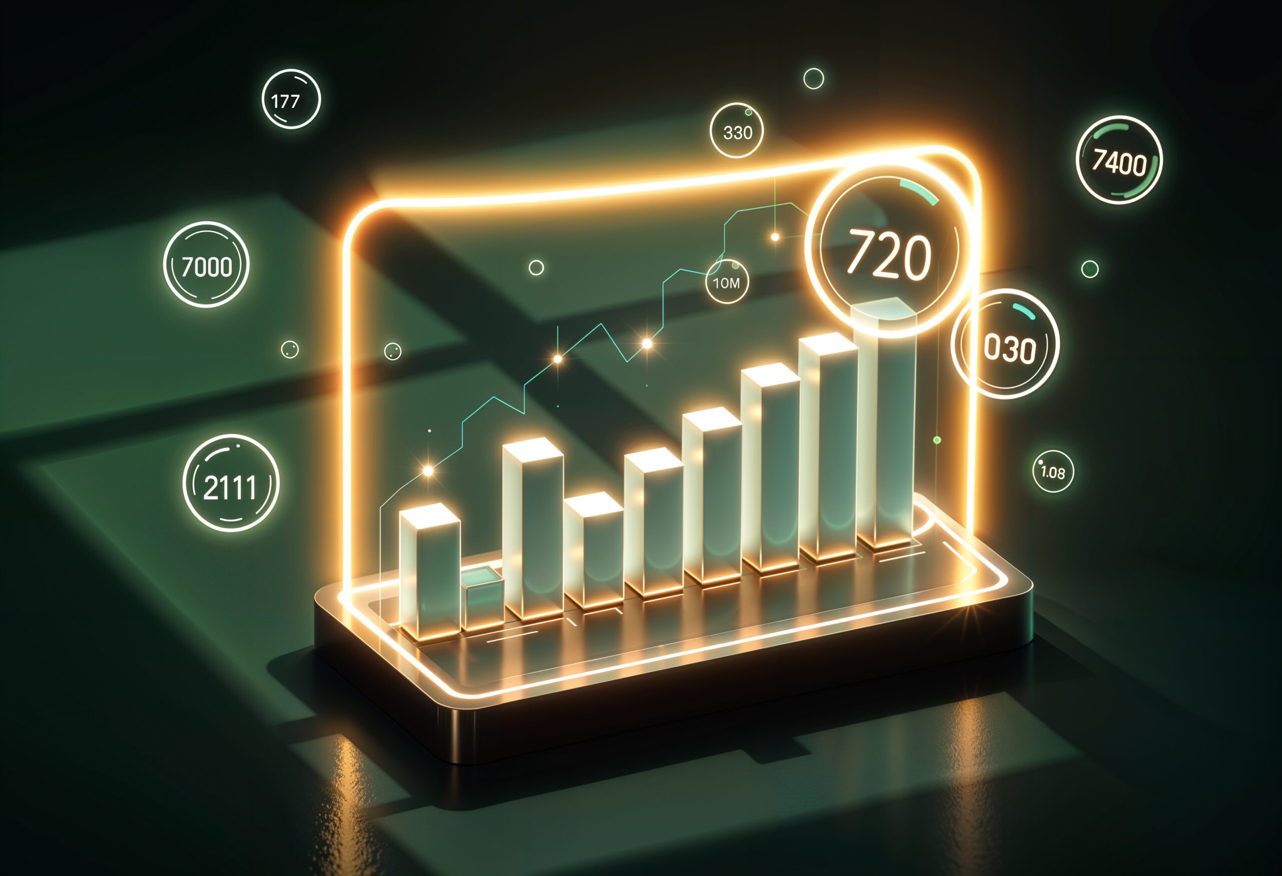 Illustration of a glowing bar chart with floating data points