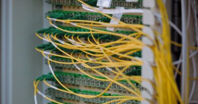 Fibre optic cables connected to network equipment