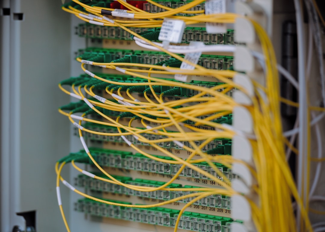 Fibre optic cables connected to network equipment