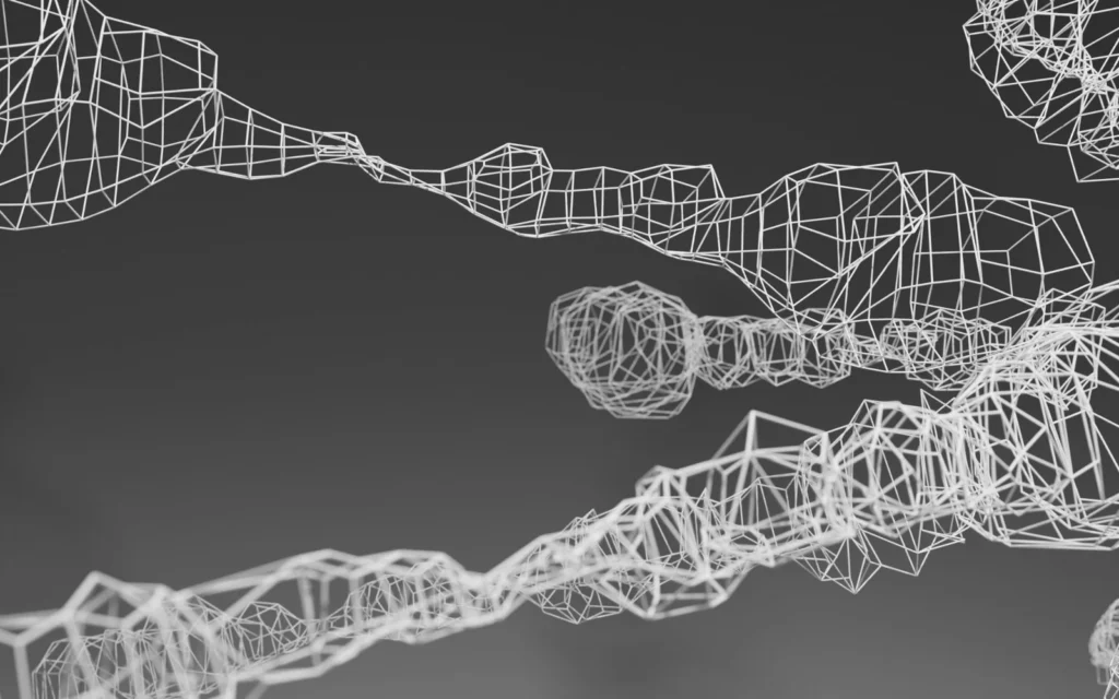 White wireframe forms linking together against a dark background