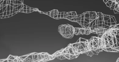 White wireframe forms linking together against a dark background