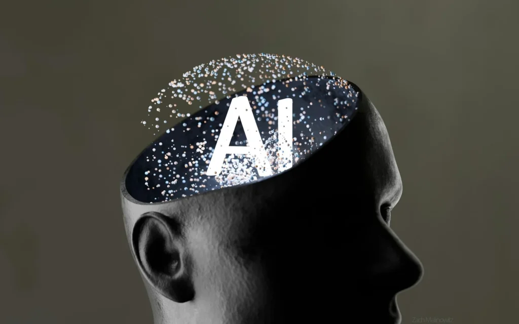 A dark sculpted head with the letters AI across its open top