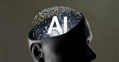 A dark sculpted head with the letters AI across its open top
