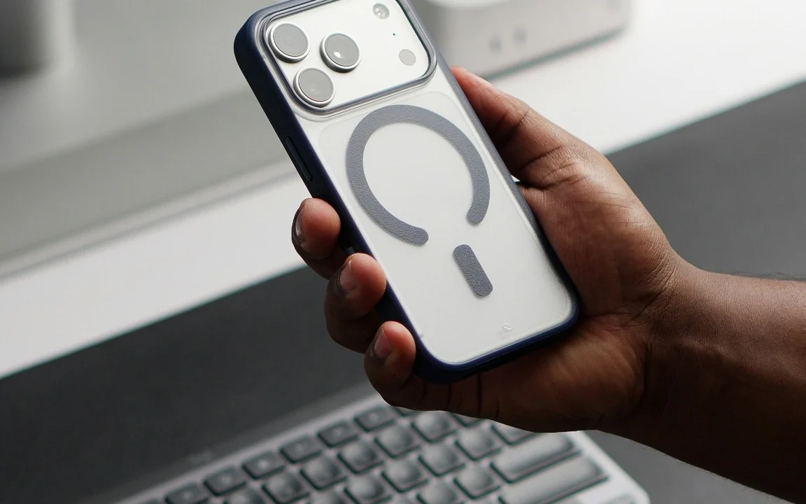 A hand holding a smartphone beside a desktop computer and keyboard
