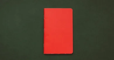 A red notebook on a dark green surface
