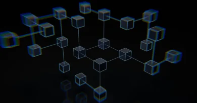 Connected translucent cubes against a black background