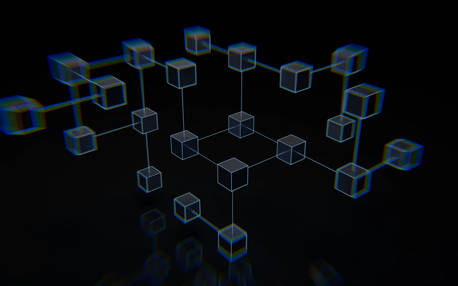 Connected translucent cubes against a black background